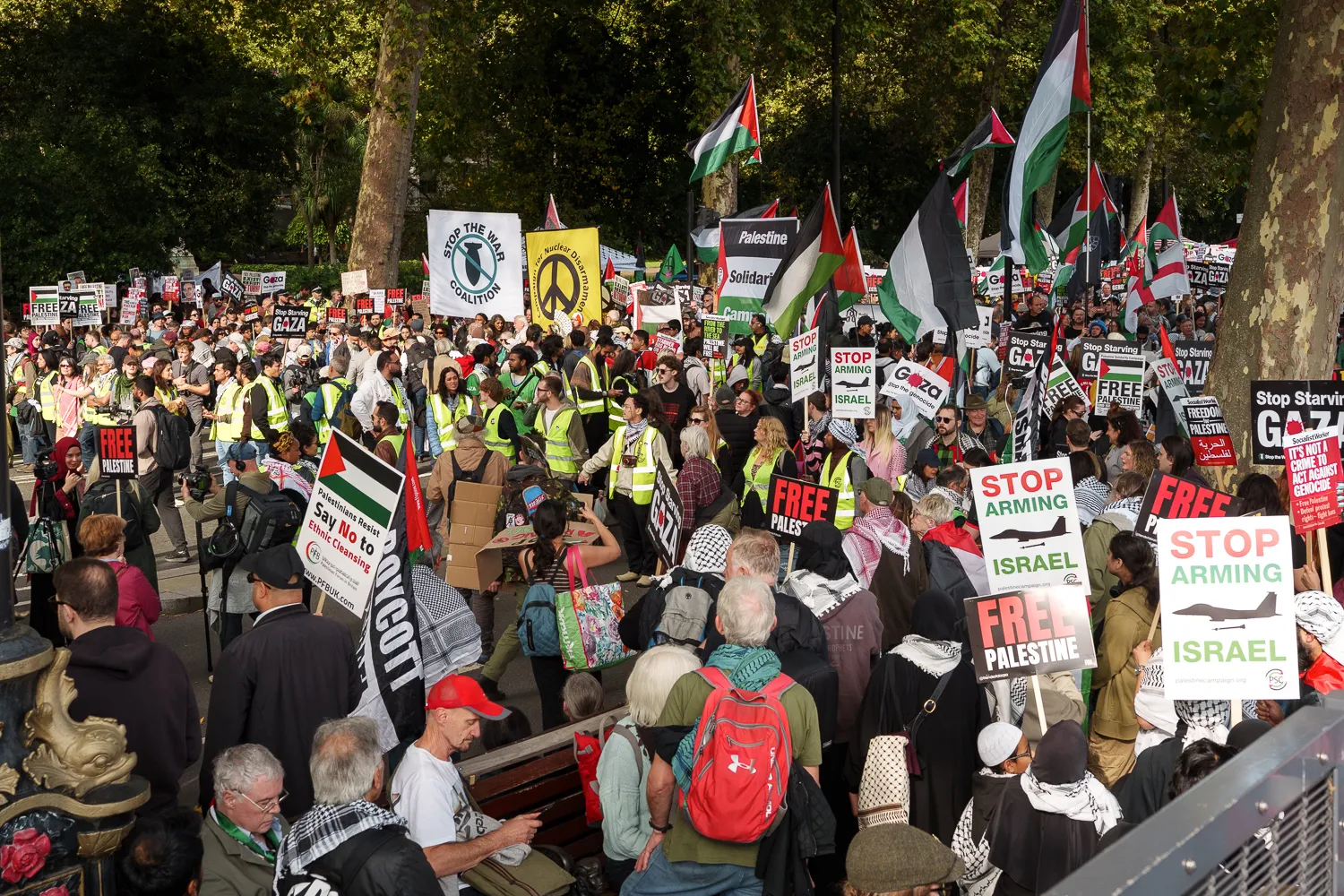 A large crowd carrying flags and placards on Embankment